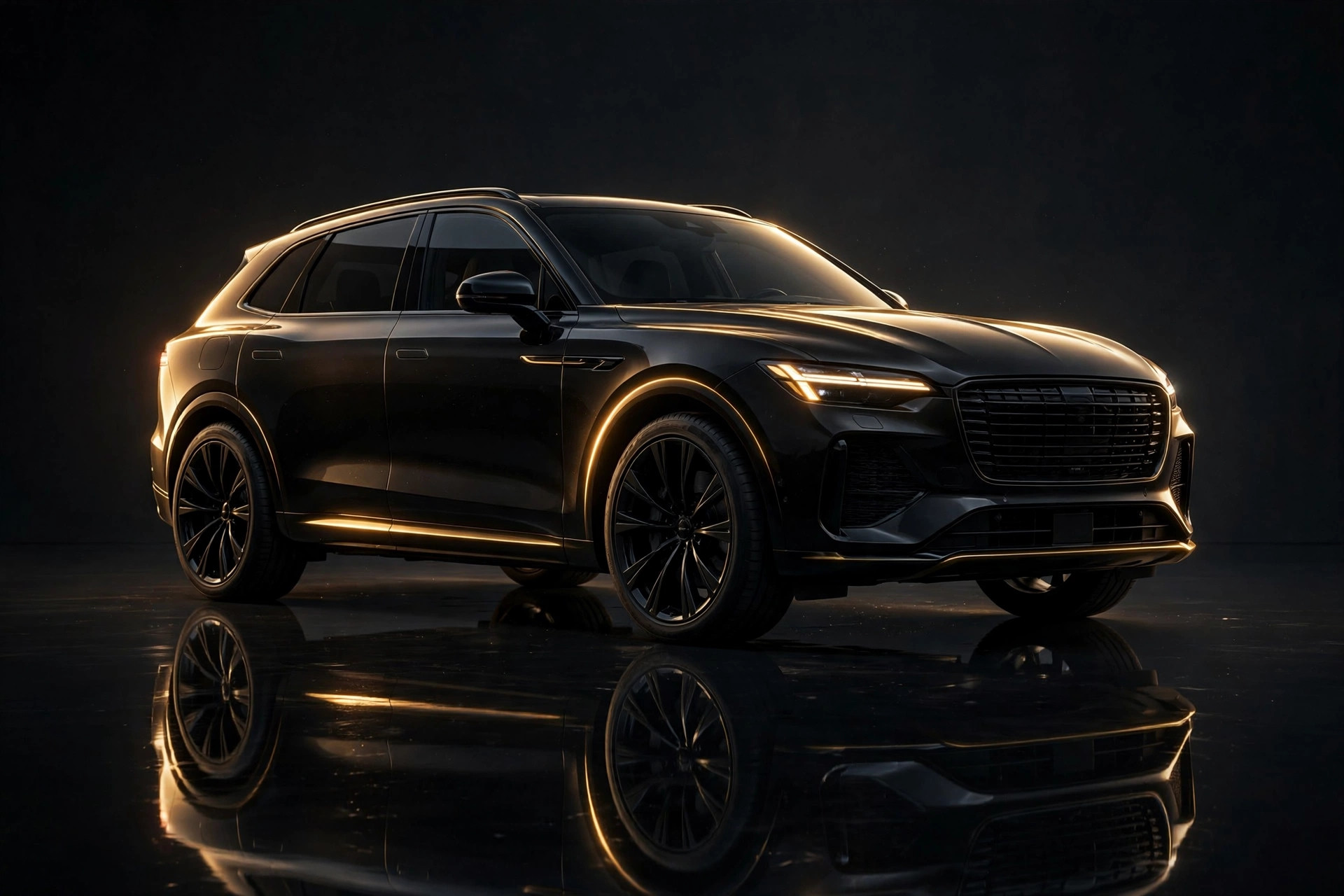 Luxury SUV in a dark studio with golden light